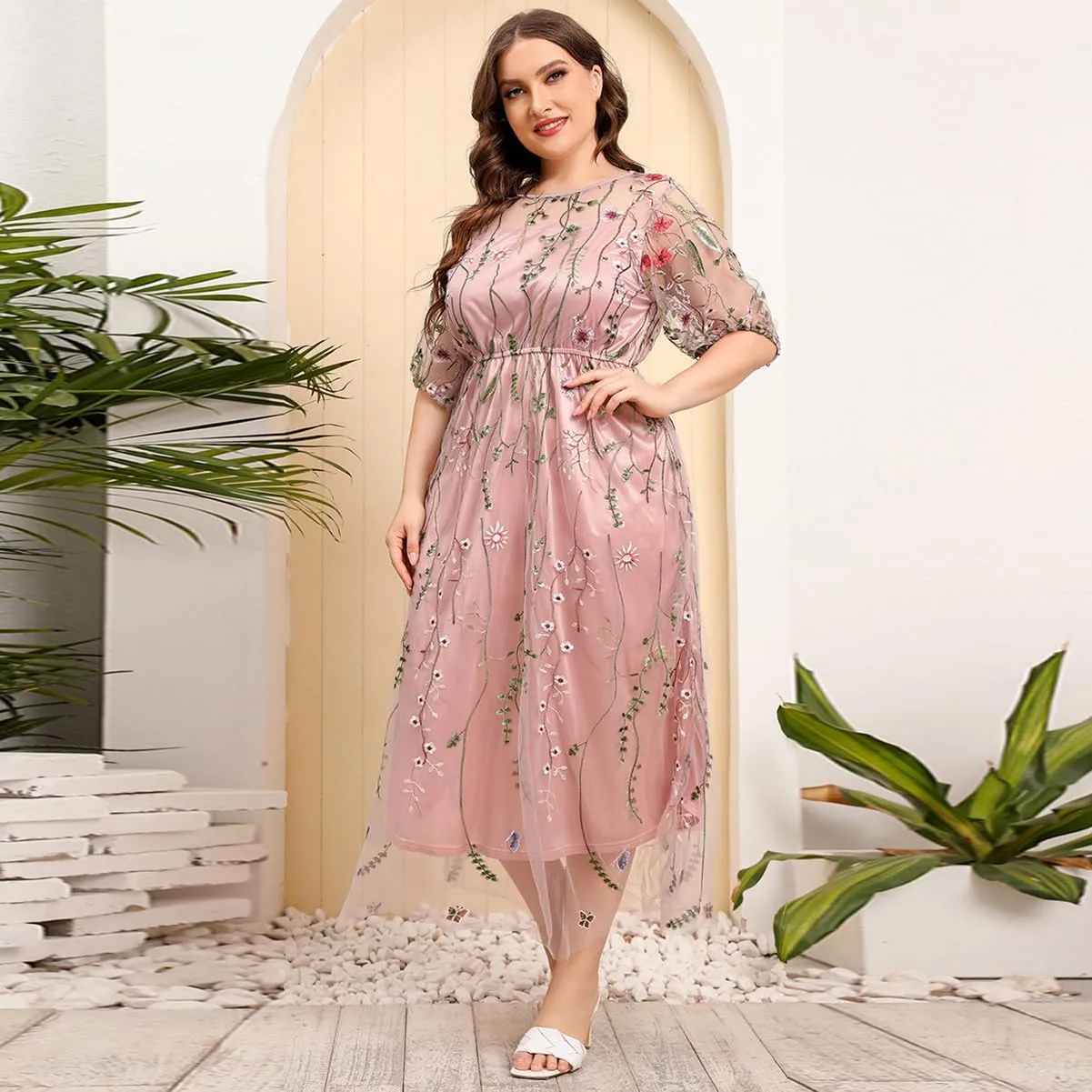 1/2 Sleeve Floral Embroidery Dress for Women Plus Size Embroidered Tulle Dress Mesh Wedding Guest Cocktail Party Long Dress