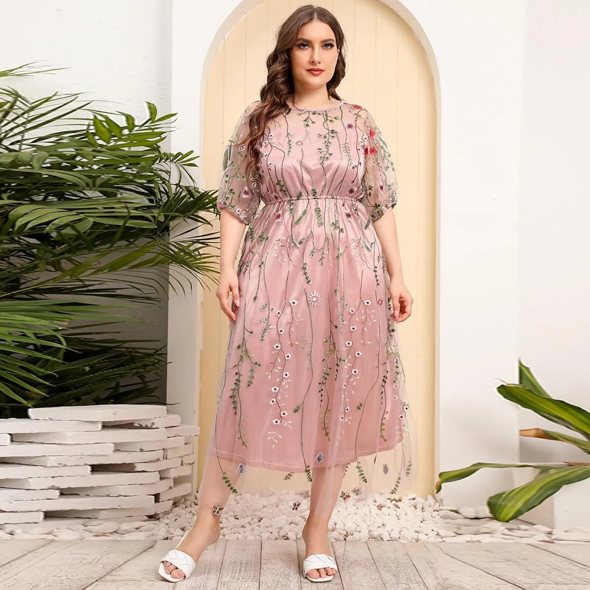 1/2 Sleeve Floral Embroidery Dress for Women Plus Size Embroidered Tulle Dress Mesh Wedding Guest Cocktail Party Long Dress