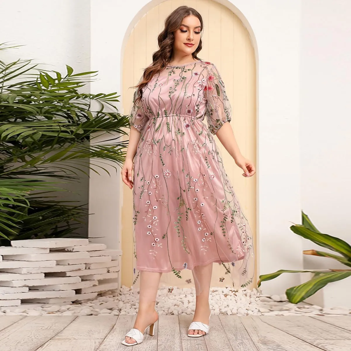 1/2 Sleeve Floral Embroidery Dress for Women Plus Size Embroidered Tulle Dress Mesh Wedding Guest Cocktail Party Long Dress