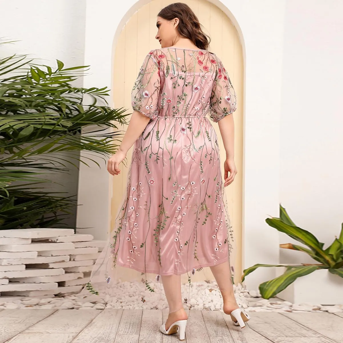 1/2 Sleeve Floral Embroidery Dress for Women Plus Size Embroidered Tulle Dress Mesh Wedding Guest Cocktail Party Long Dress