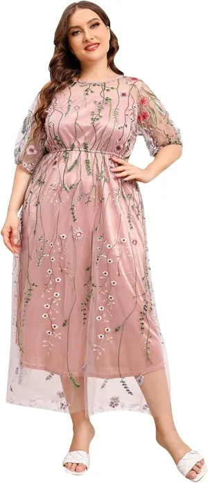 1/2 Sleeve Floral Embroidery Dress for Women Plus Size Embroidered Tulle Dress Mesh Wedding Guest Cocktail Party Long Dress