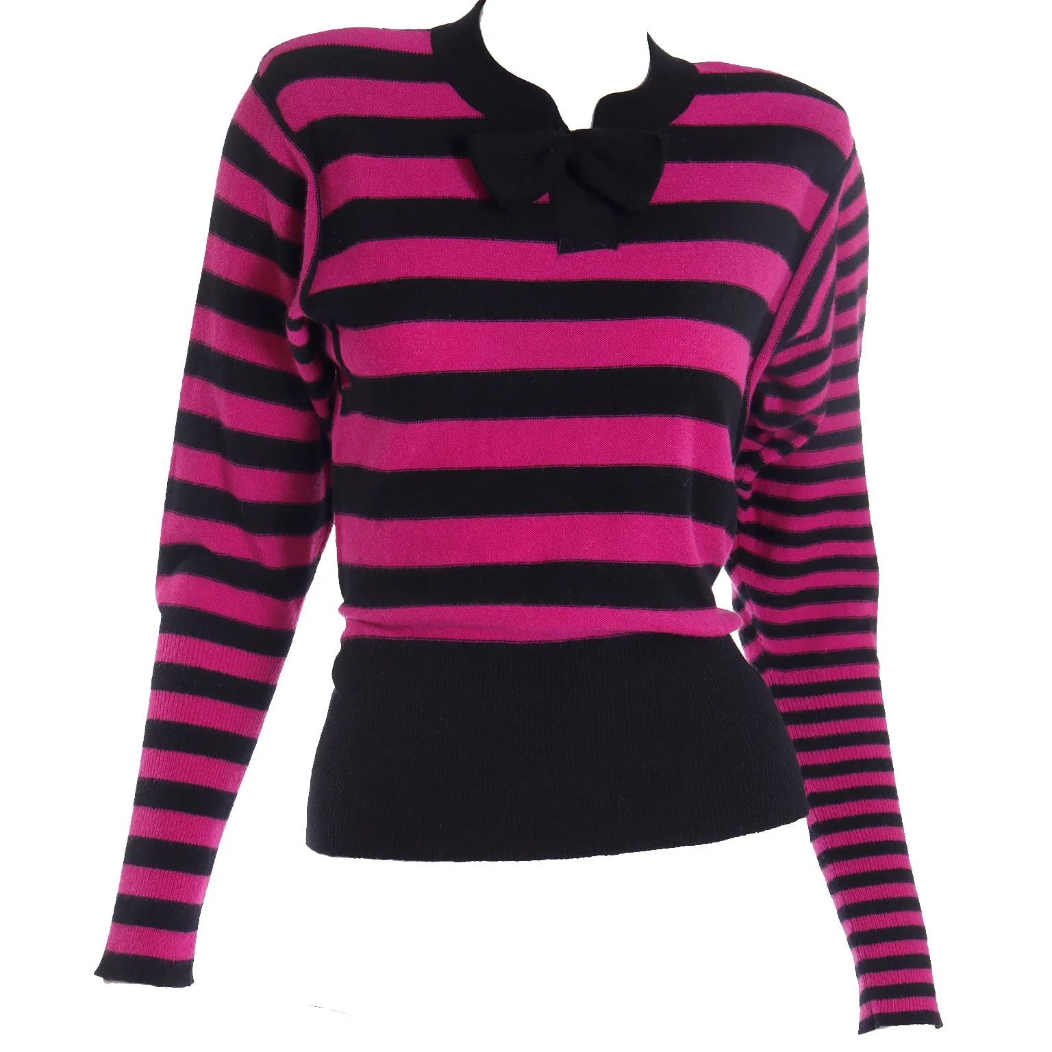 1980s Sonia Rykiel Black & Magenta Pink Striped Wool Sweater