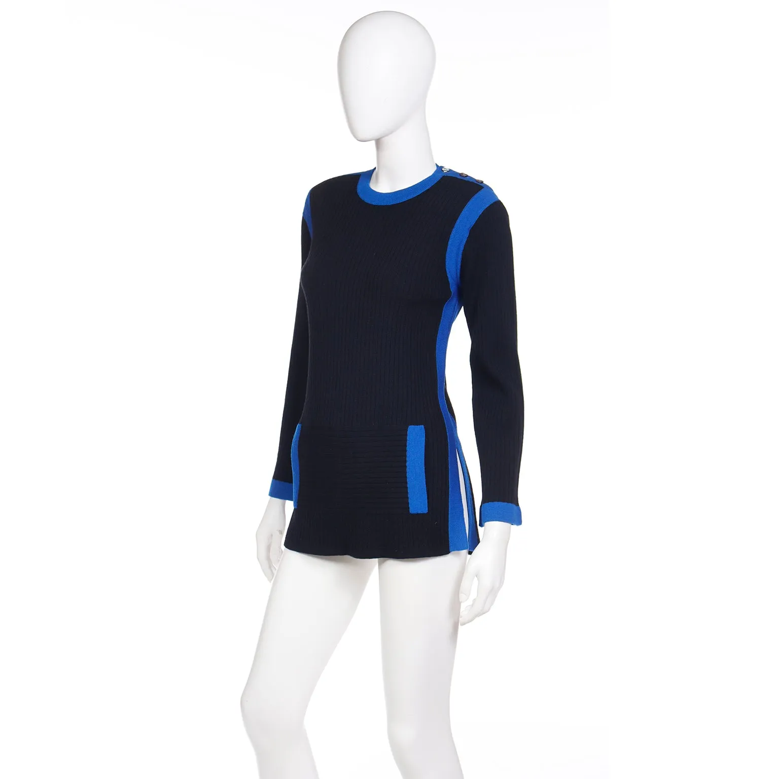 1980s Yves Saint Laurent Vintage Black and Blue Wool Pullover Sweater