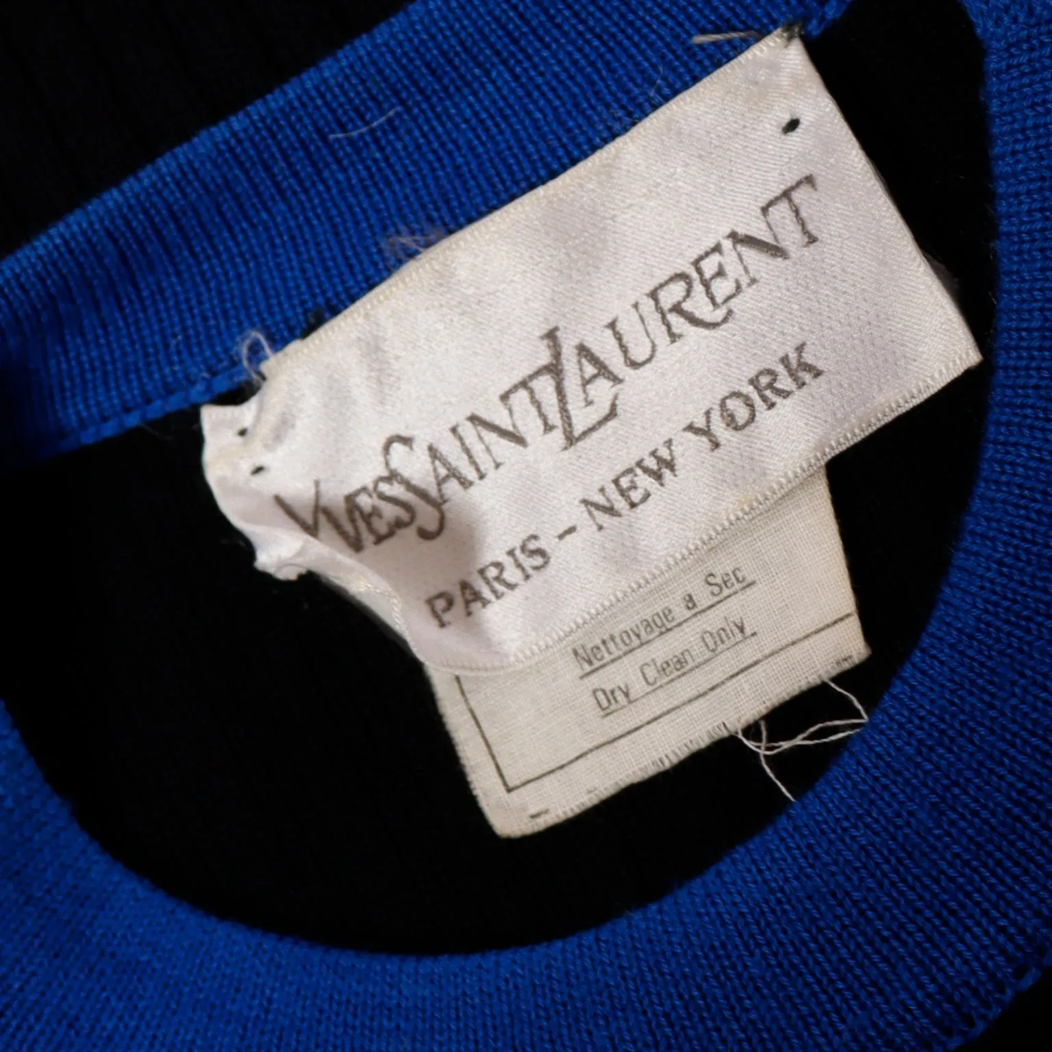 1980s Yves Saint Laurent Vintage Black and Blue Wool Pullover Sweater