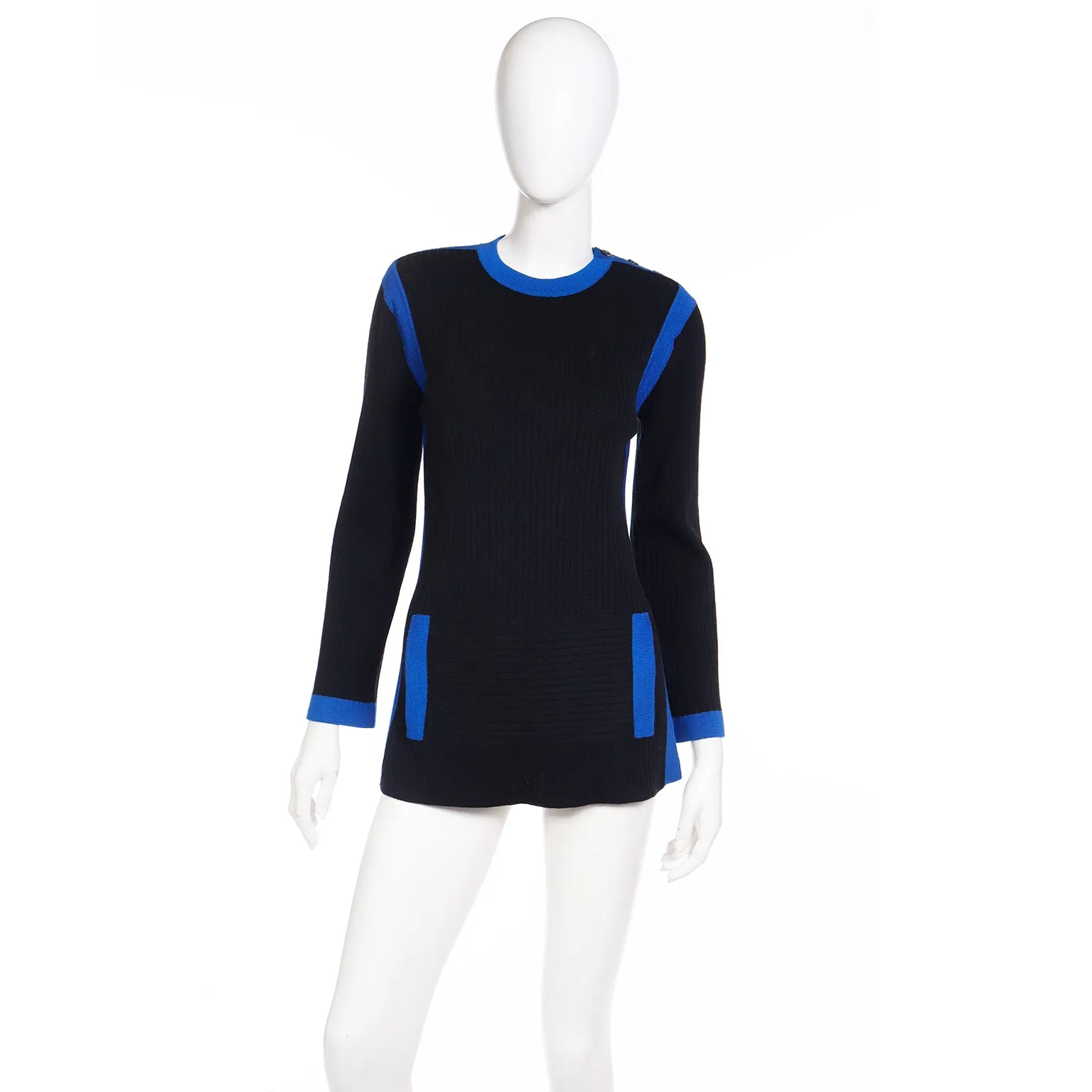 1980s Yves Saint Laurent Vintage Black and Blue Wool Pullover Sweater