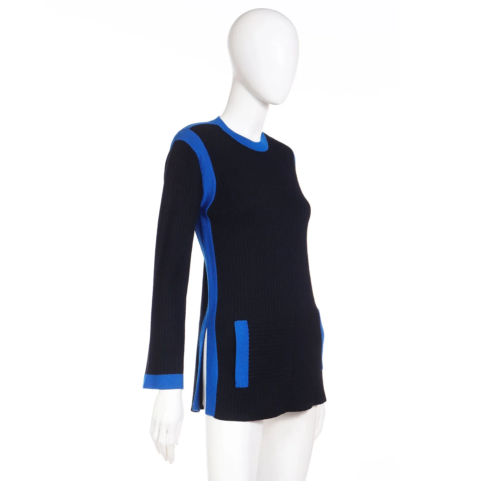 1980s Yves Saint Laurent Vintage Black and Blue Wool Pullover Sweater