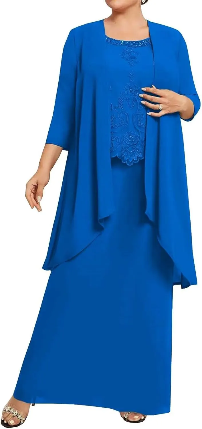 2 Piece Elegant Mother's Evening Gowns with Sleeves Formal Dresses Plus Size Mother of The Bride Dress with Jacket HD261