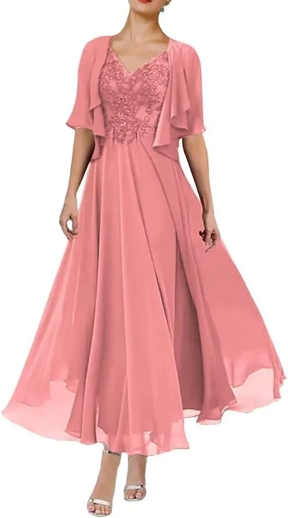 2 Piece Mother of The Bride Dress for Wedding with Jacket Chiffon Ruffle Long Formal Evening Gown