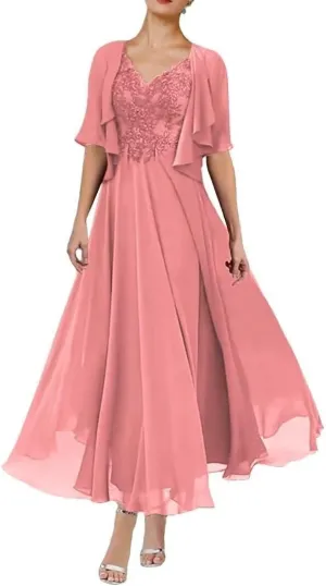 2 Piece Mother of The Bride Dress for Wedding with Jacket Chiffon Ruffle Long Formal Evening Gown