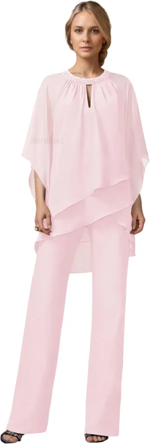 2 Piece Mother of The Bride Pant Suits for Wedding 3/4 Sleeve Chiffon Beading Sequins Tiered Formal Cocktail Outfit