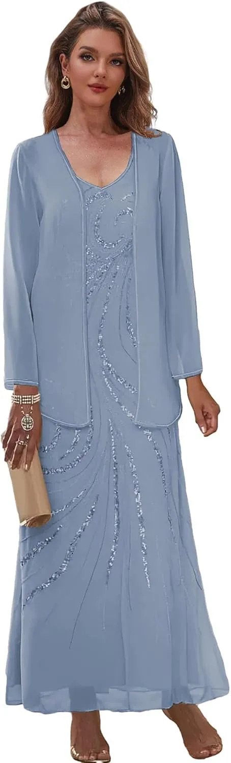2 Pieces Mother of The Bride Dresses with Jacket Chiffon Sequin Formal Dress for Wedding Guest