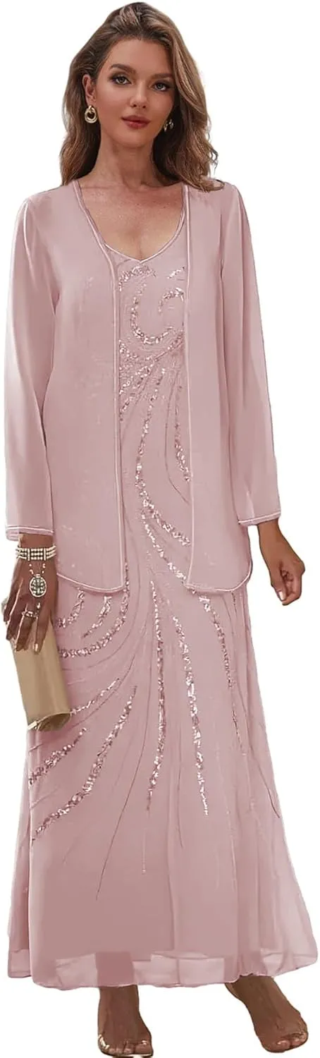 2 Pieces Mother of The Bride Dresses with Jacket Chiffon Sequin Formal Dress for Wedding Guest