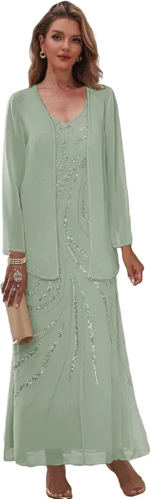 2 Pieces Mother of The Bride Dresses with Jacket Chiffon Sequin Formal Dress for Wedding Guest