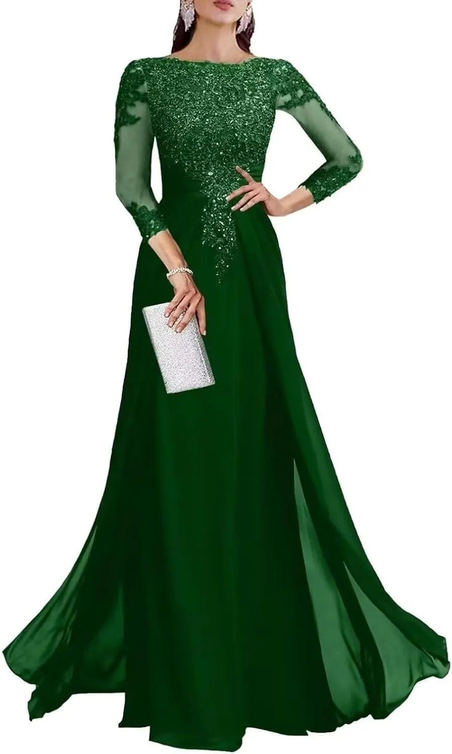 3/4 Sleeve Mother of The Bride Dresses for Wedding Sequin Lace Formal Maxi Gowns Chiffon Evening Dresses