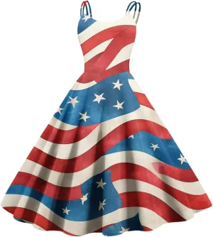 4th of July Womens Dresses Spaghetti Strap American Flag Print Midi Dress 2025 Trendy Summer Vintage Sundress Swing