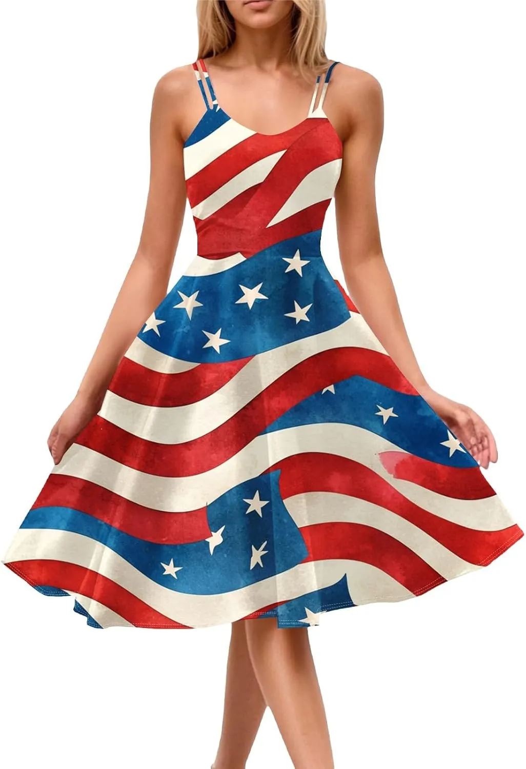 4th of July Womens Dresses Spaghetti Strap American Flag Print Midi Dress 2025 Trendy Summer Vintage Sundress Swing