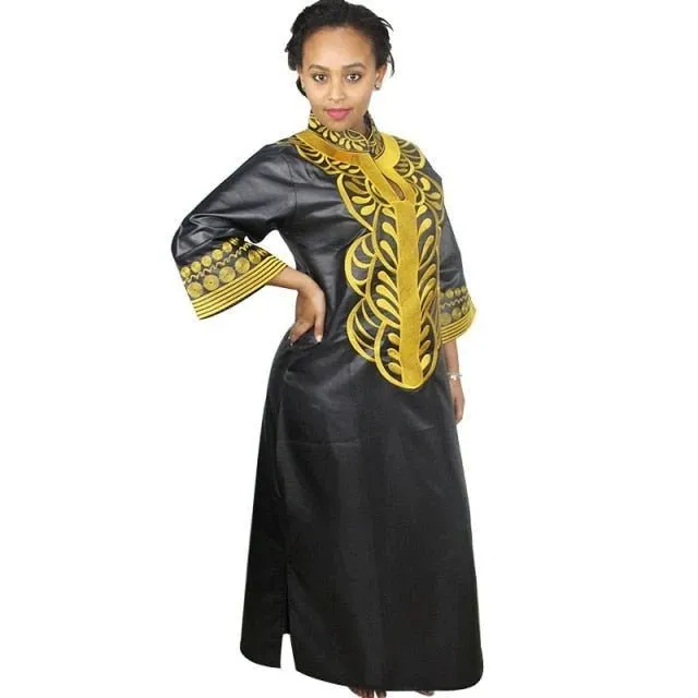African Bazin Embroidery Long Dress Soft Material Traditional Clothing