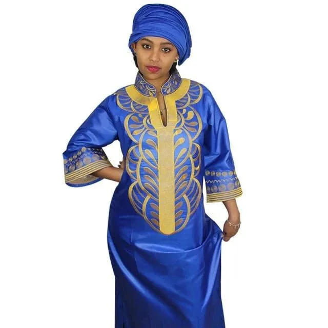 African Bazin Embroidery Long Dress Soft Material Traditional Clothing
