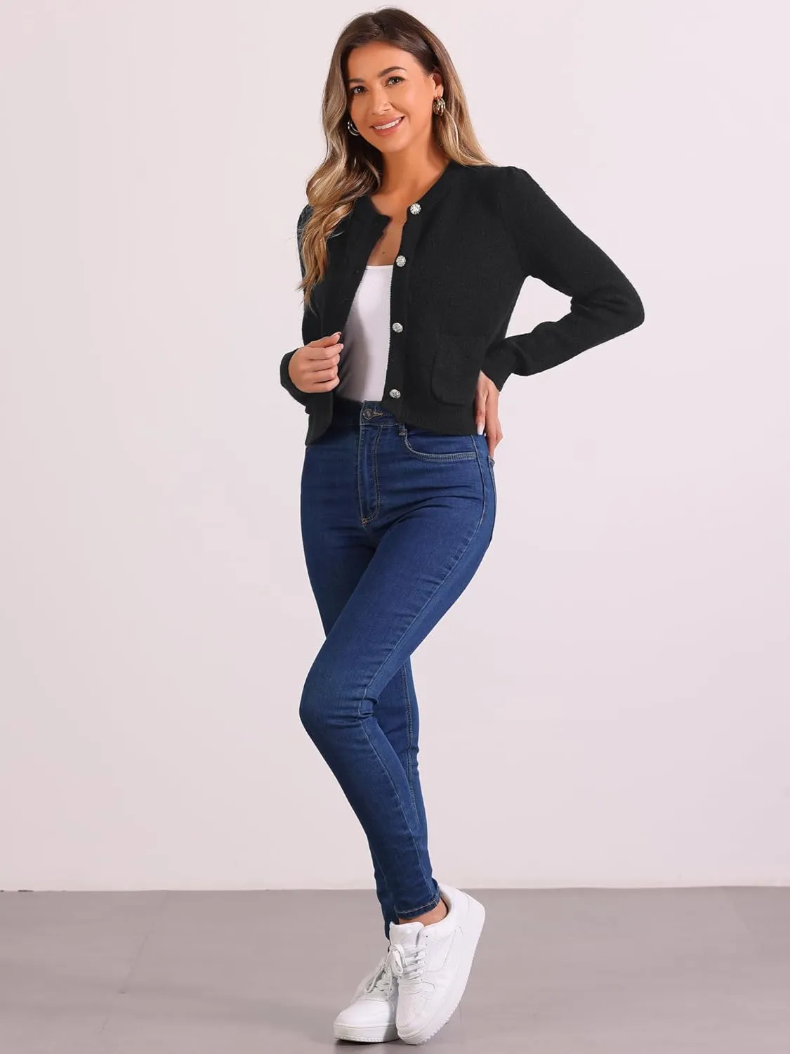 Allegra K Button Down Cardigan for Women's with Pockets Crew Neck Knit Cardigan Sweater