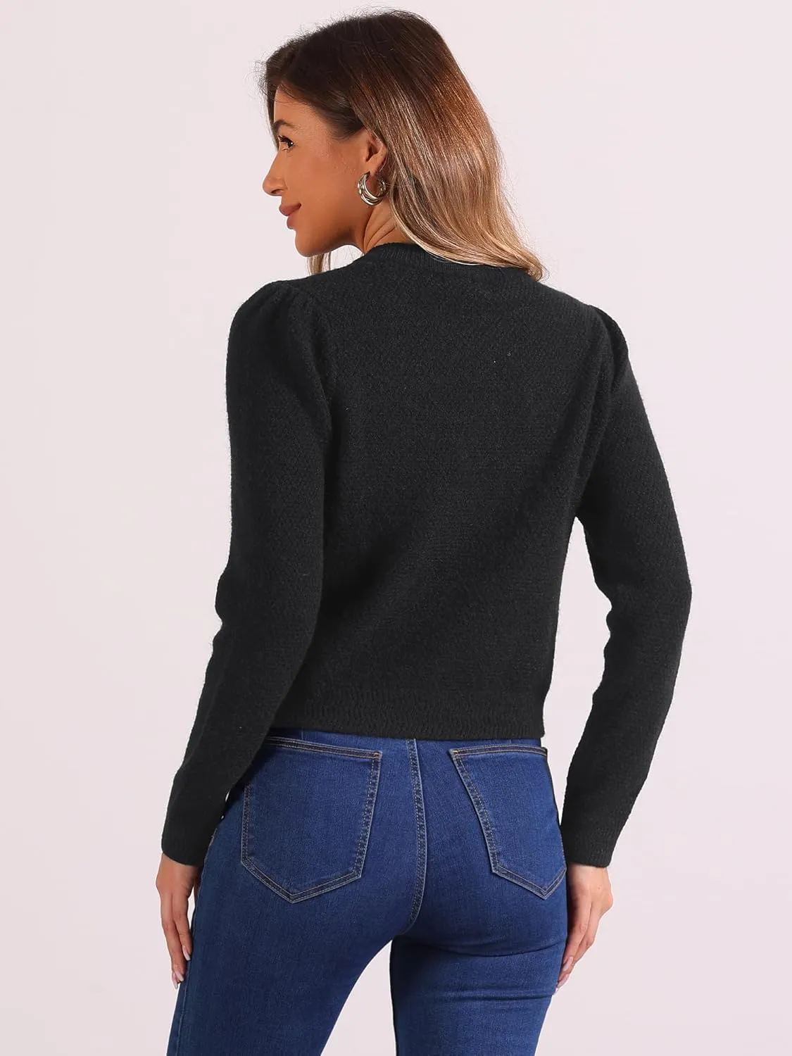 Allegra K Button Down Cardigan for Women's with Pockets Crew Neck Knit Cardigan Sweater