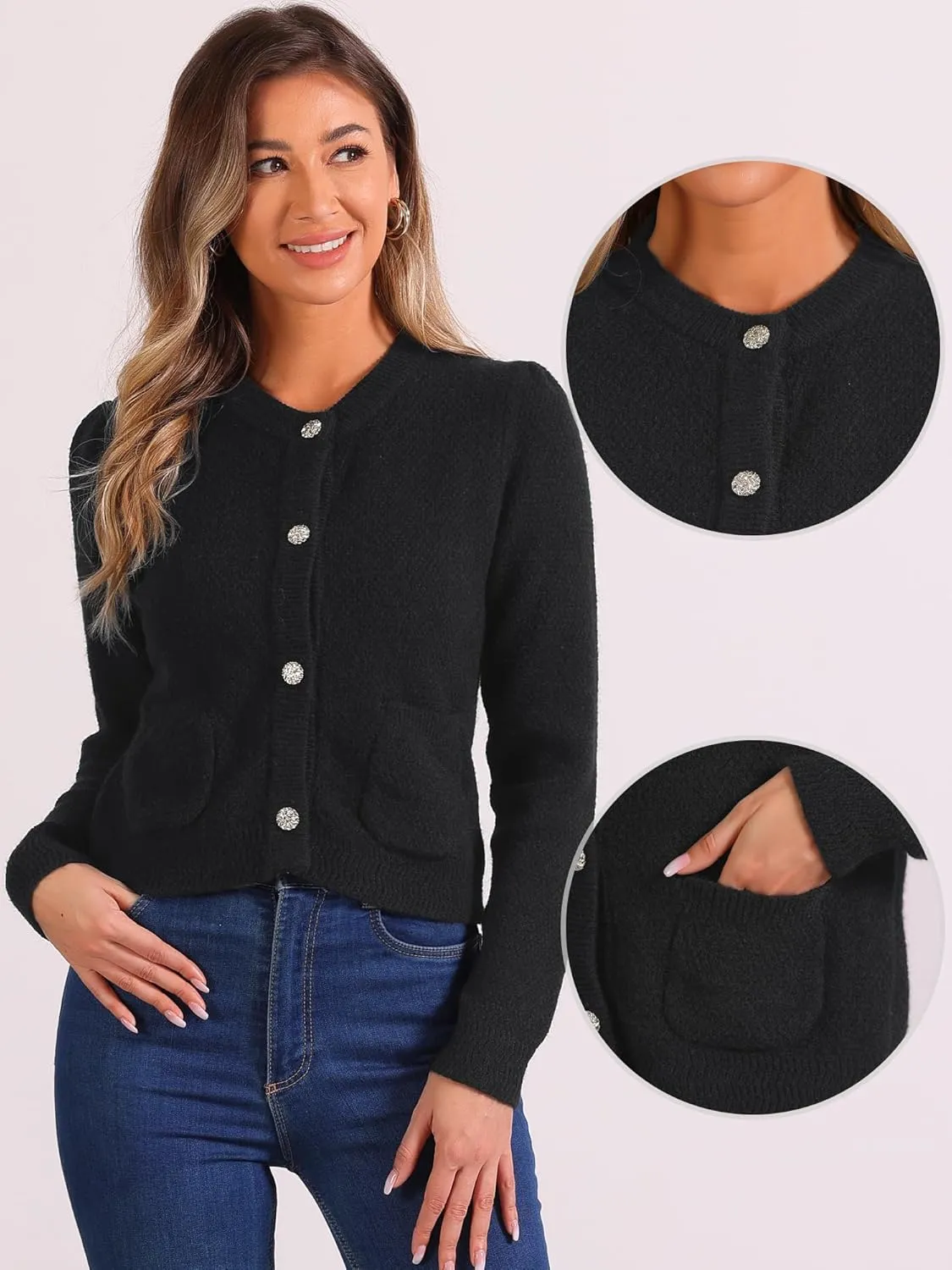 Allegra K Button Down Cardigan for Women's with Pockets Crew Neck Knit Cardigan Sweater