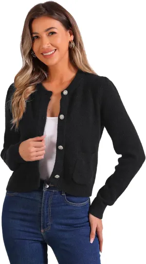 Allegra K Button Down Cardigan for Women's with Pockets Crew Neck Knit Cardigan Sweater