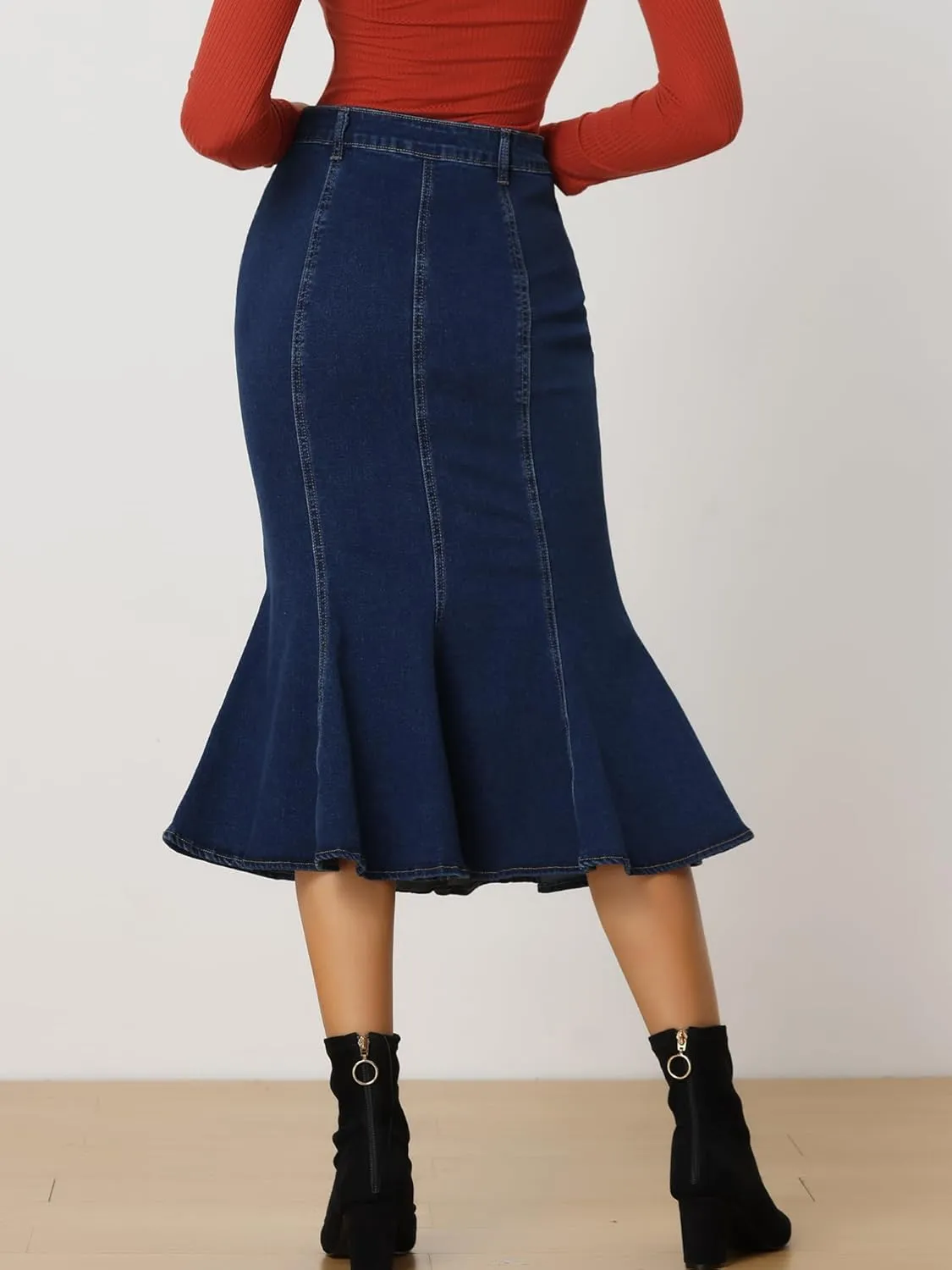 Allegra K Denim Skirt for Women's Washed Fishtail Midi Skirt