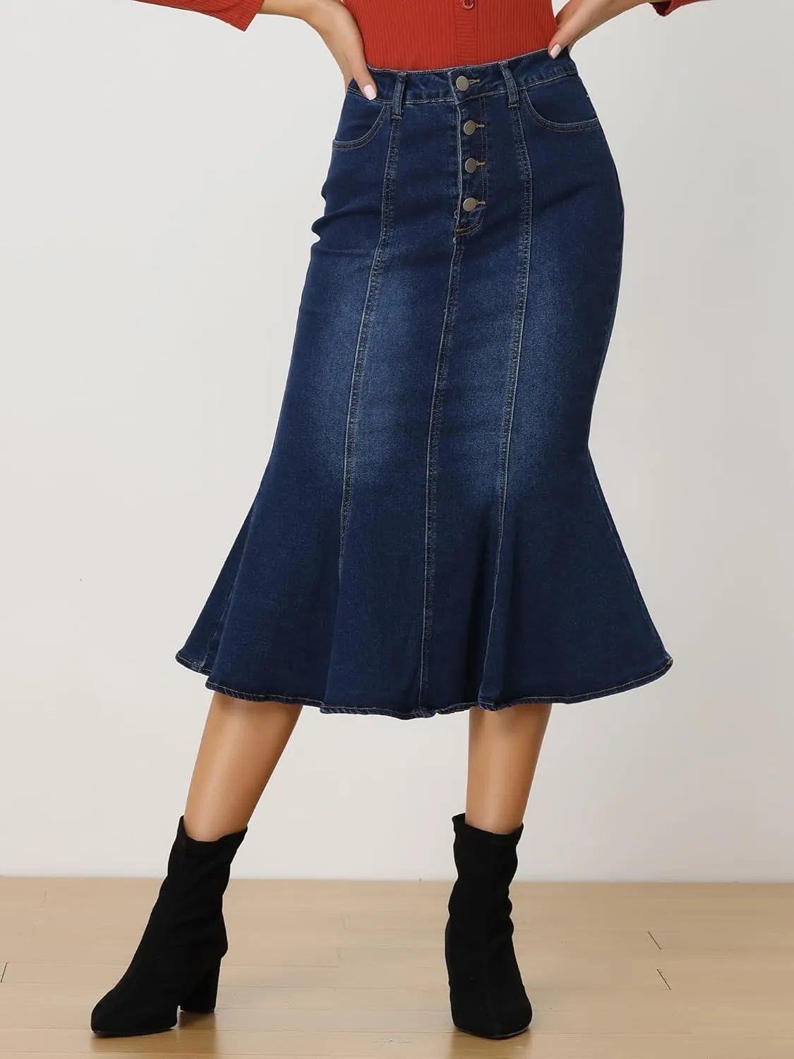 Allegra K Denim Skirt for Women's Washed Fishtail Midi Skirt