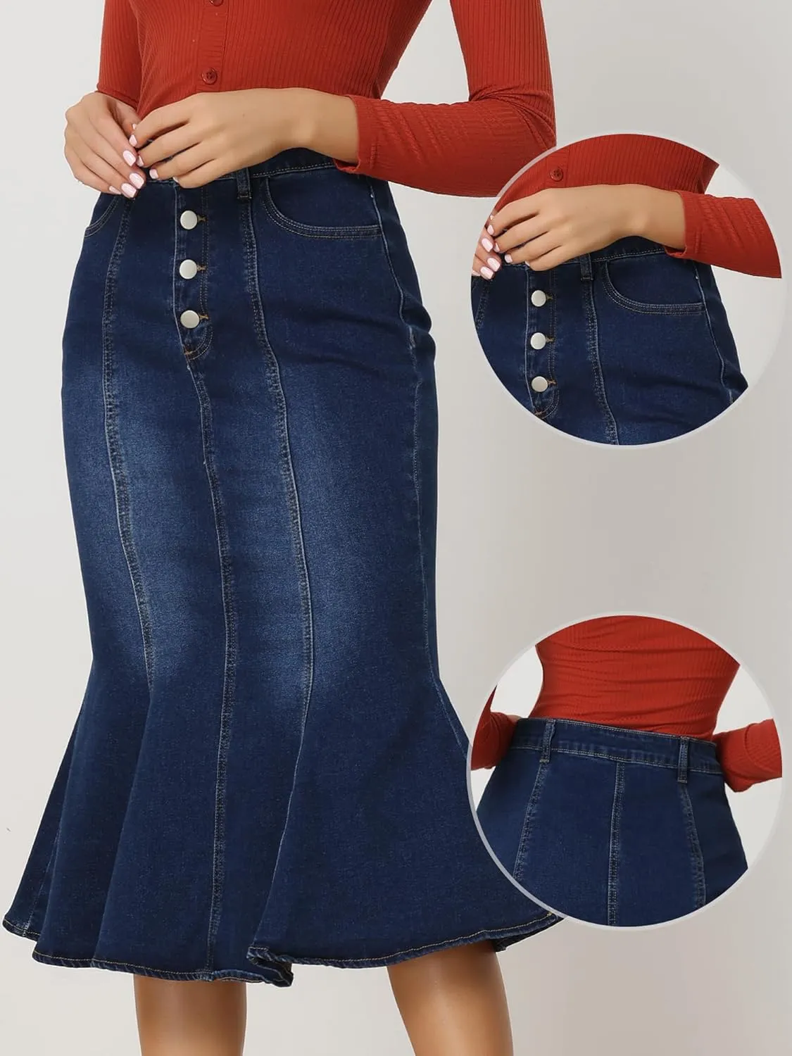 Allegra K Denim Skirt for Women's Washed Fishtail Midi Skirt
