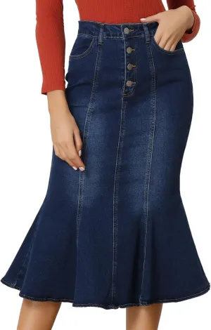 Allegra K Denim Skirt for Women's Washed Fishtail Midi Skirt