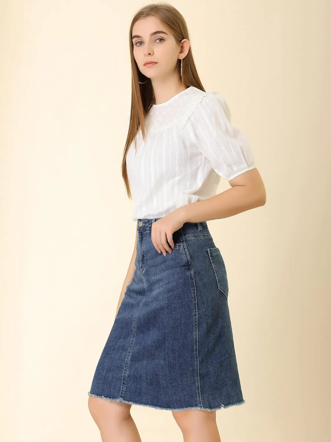 Allegra K Women's Basic Distressed High Waist Ripped Hem Washed Jeans Denim Skirt