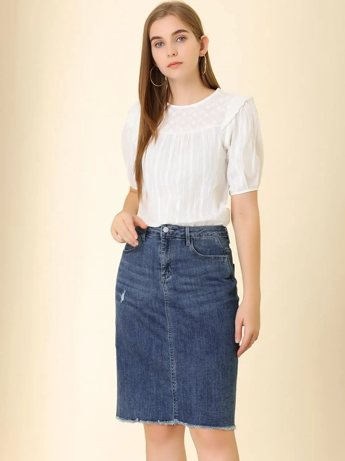 Allegra K Women's Basic Distressed High Waist Ripped Hem Washed Jeans Denim Skirt