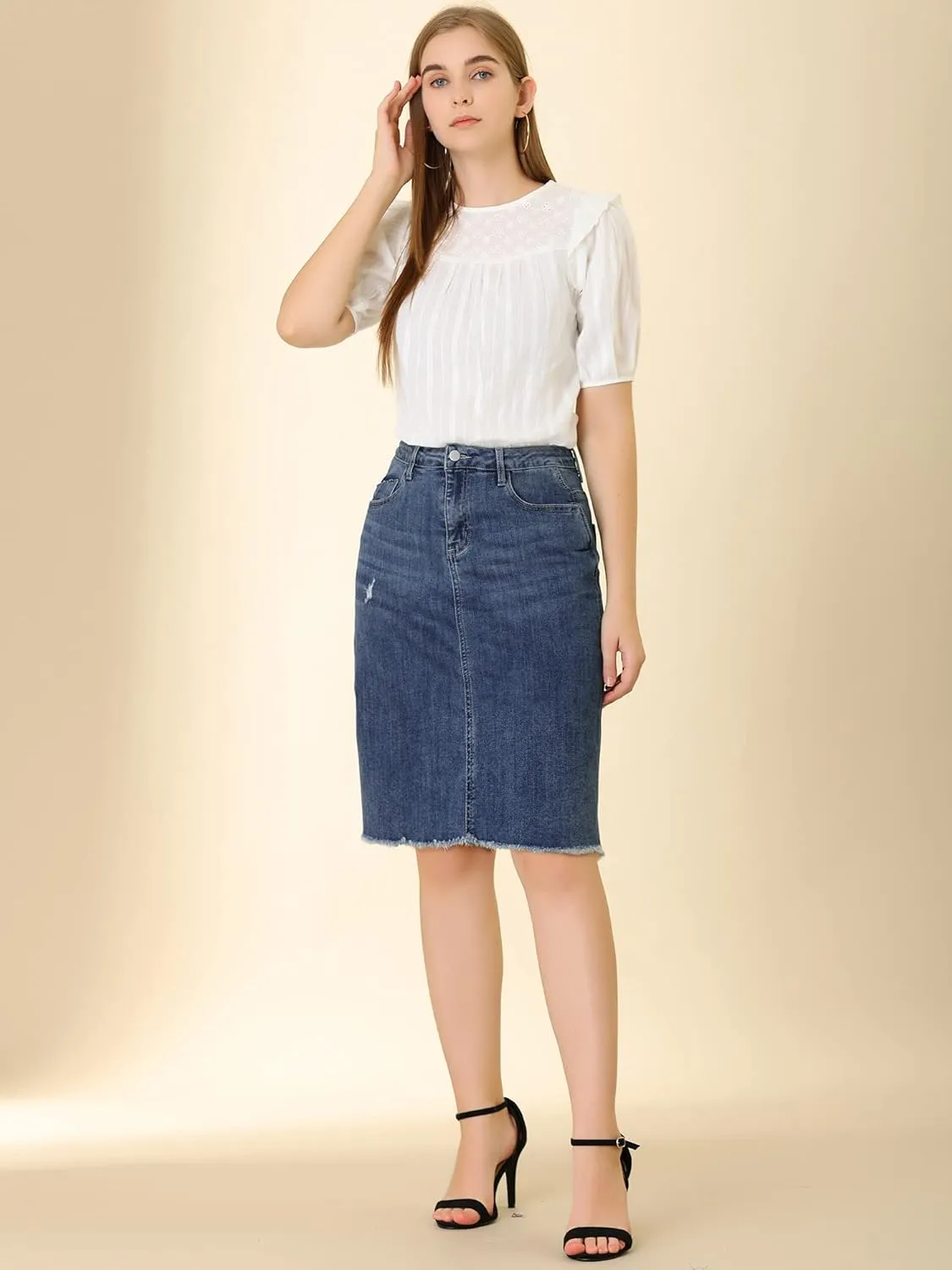 Allegra K Women's Basic Distressed High Waist Ripped Hem Washed Jeans Denim Skirt
