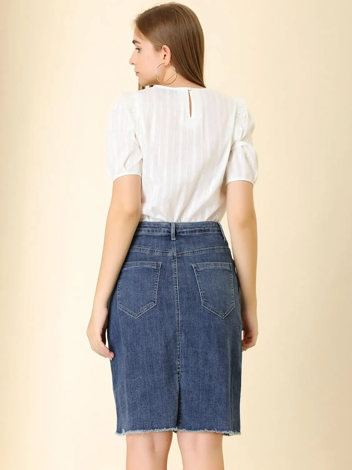 Allegra K Women's Basic Distressed High Waist Ripped Hem Washed Jeans Denim Skirt