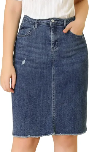 Allegra K Women's Basic Distressed High Waist Ripped Hem Washed Jeans Denim Skirt