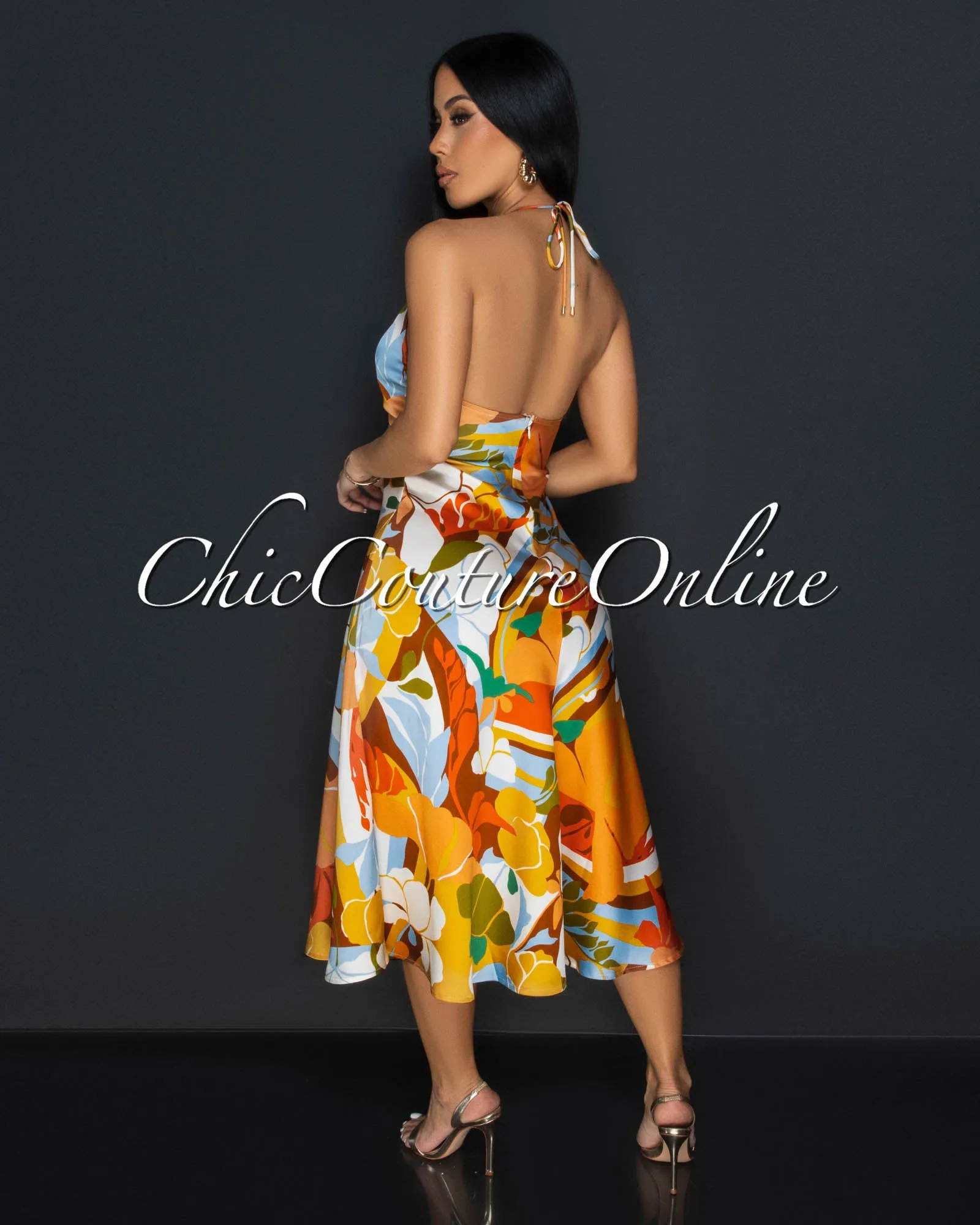 Amira Orange Mustard Floral Halter Flowy Dress