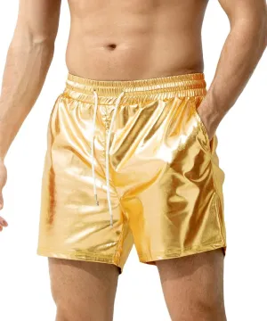 Arjen Kroos Men's Metallic Shorts Sexy Rave Hot Short with Side Pockets and Drawstrings