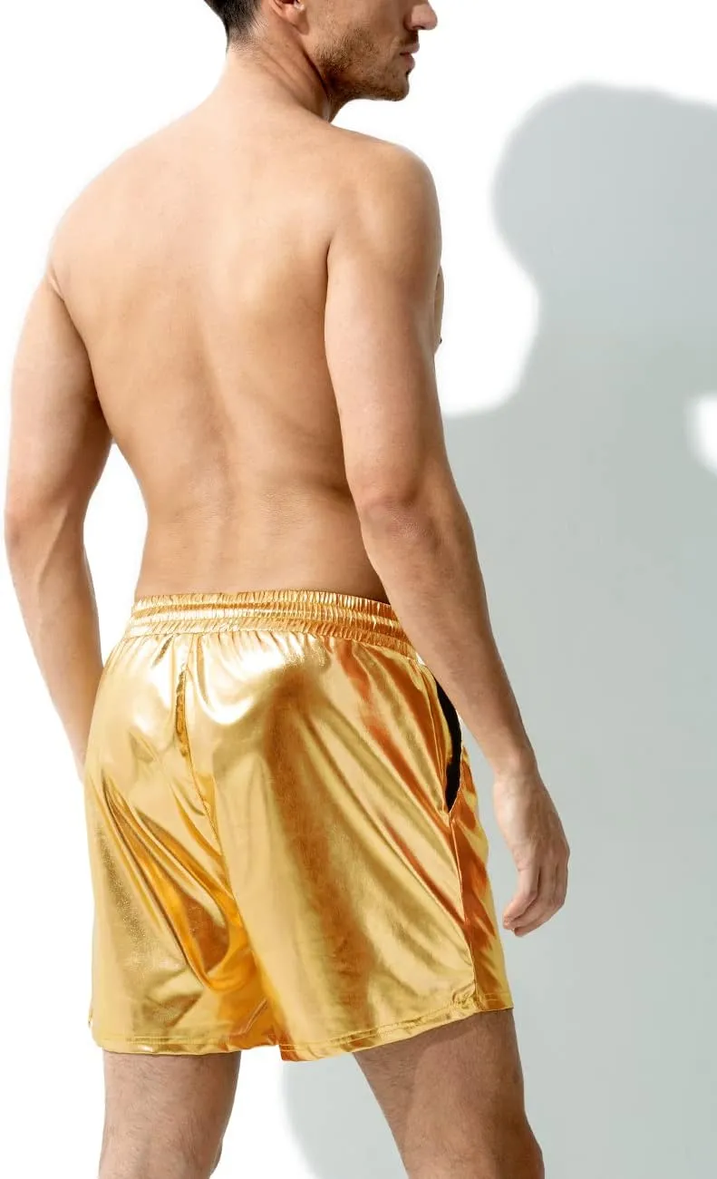 Arjen Kroos Men's Metallic Shorts Sexy Rave Hot Short with Side Pockets and Drawstrings