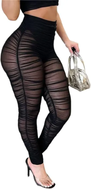 Atyfuniby Womens Leggings High Waisted - Sexy Skinny Mesh See Through Pants Party Clubwear