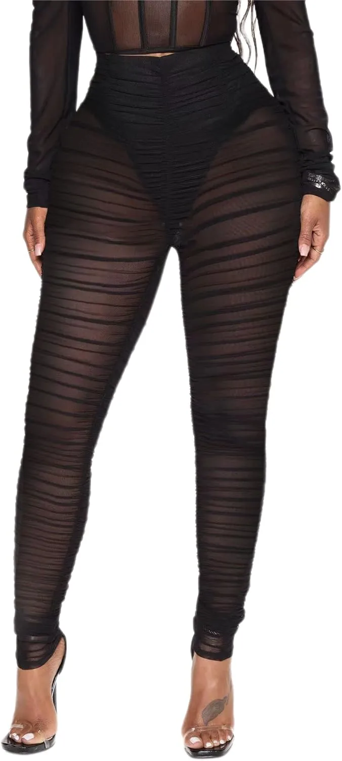 Atyfuniby Womens Leggings High Waisted - Sexy Skinny Mesh See Through Pants Party Clubwear
