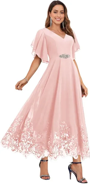 AUMEELAM Chiffon Mother of The Bride Dresses for Women Short Sleeves V Neck Lace Appliques Hemline Formal Evening Gowns