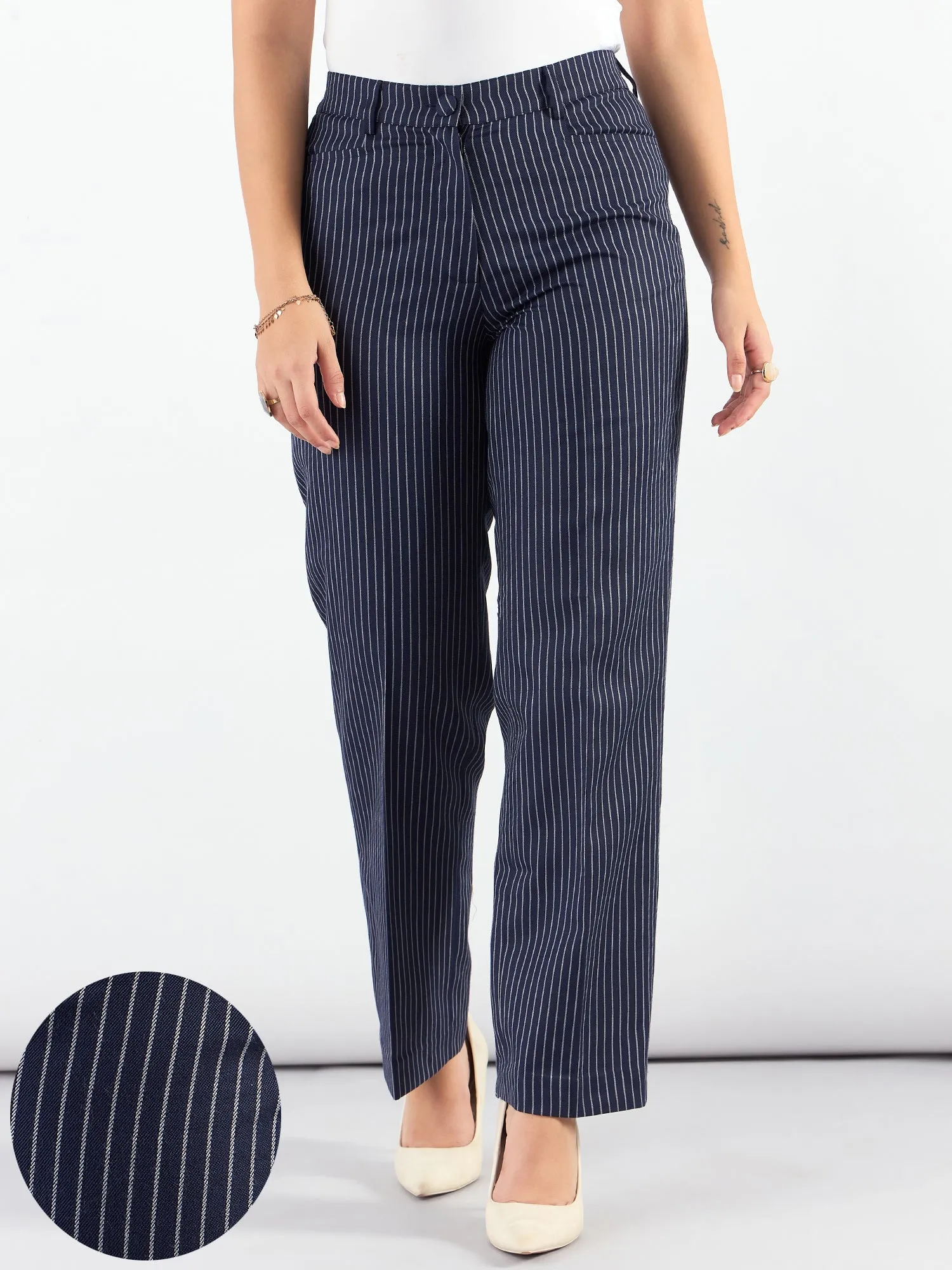 Blue-Striped Mid Waist Tailored Trousers