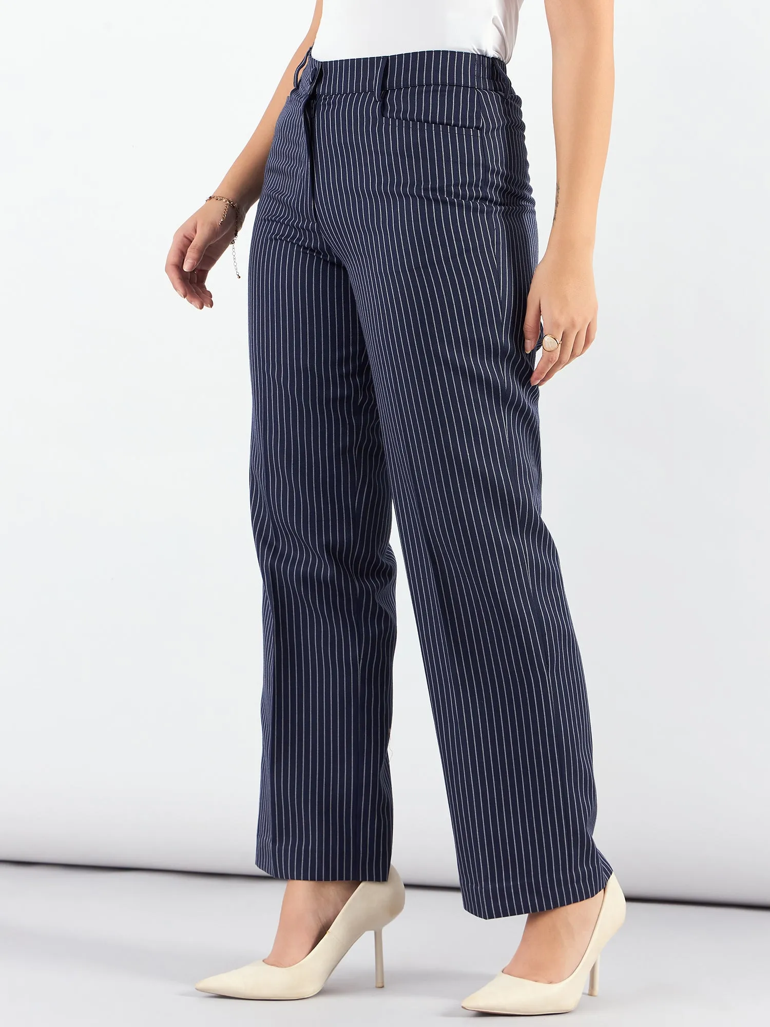 Blue-Striped Mid Waist Tailored Trousers