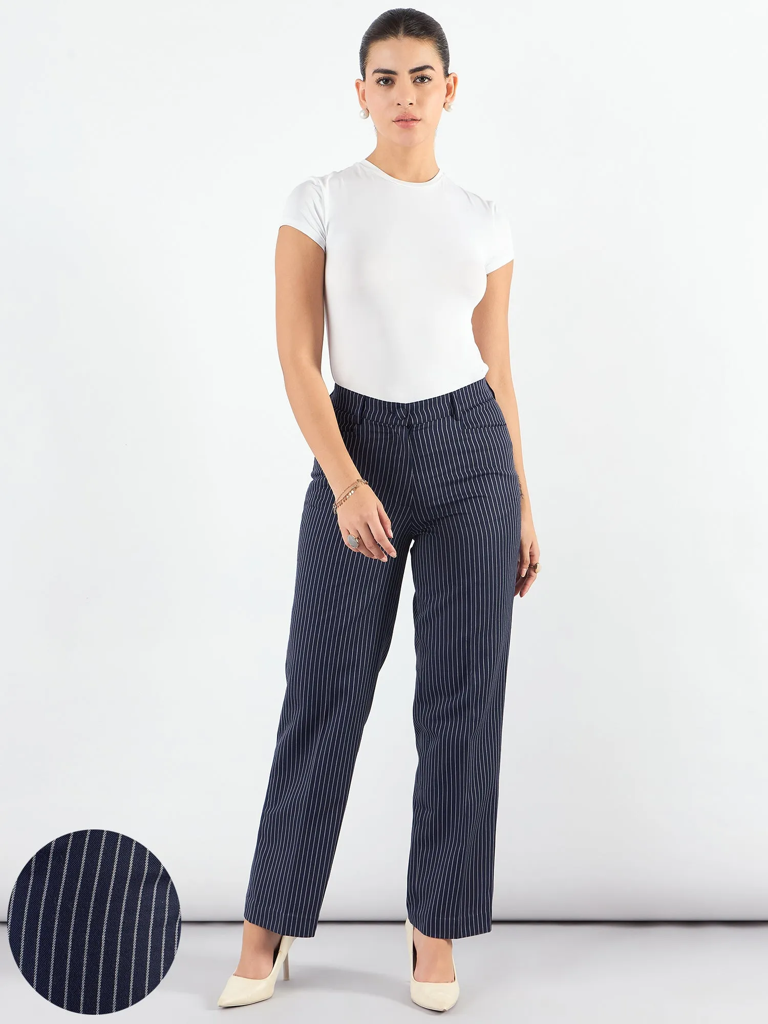 Blue-Striped Mid Waist Tailored Trousers