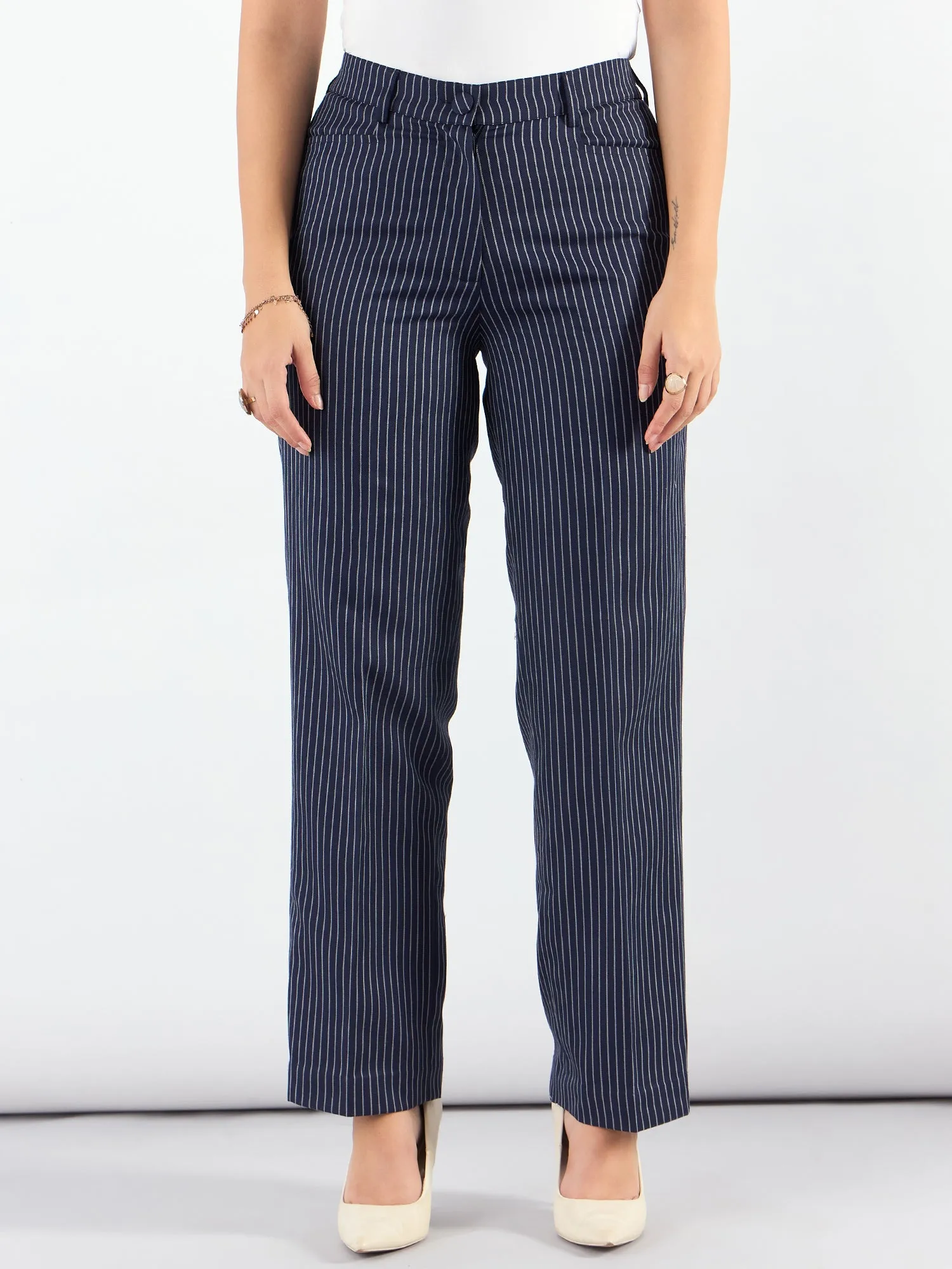 Blue-Striped Mid Waist Tailored Trousers