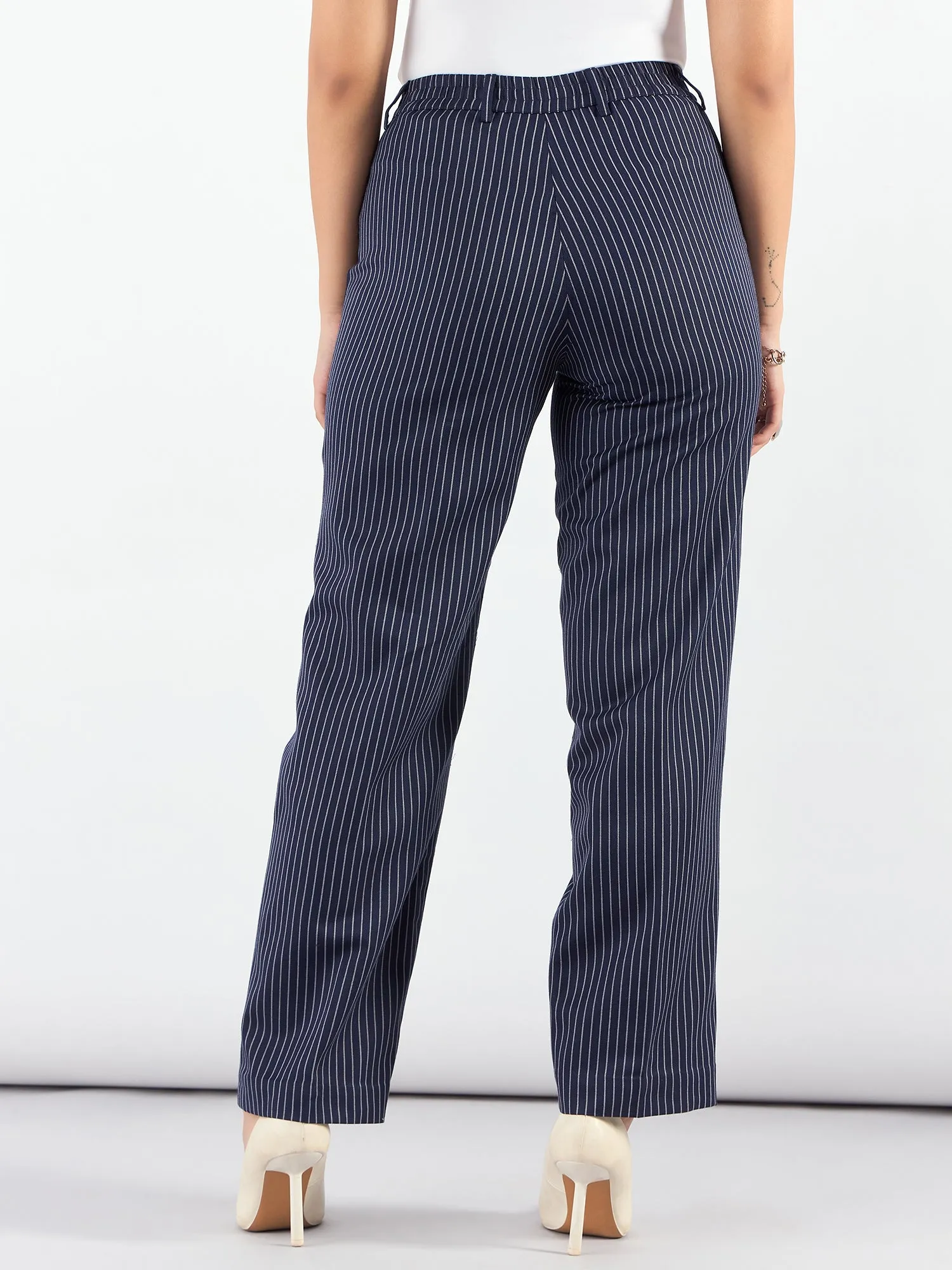 Blue-Striped Mid Waist Tailored Trousers