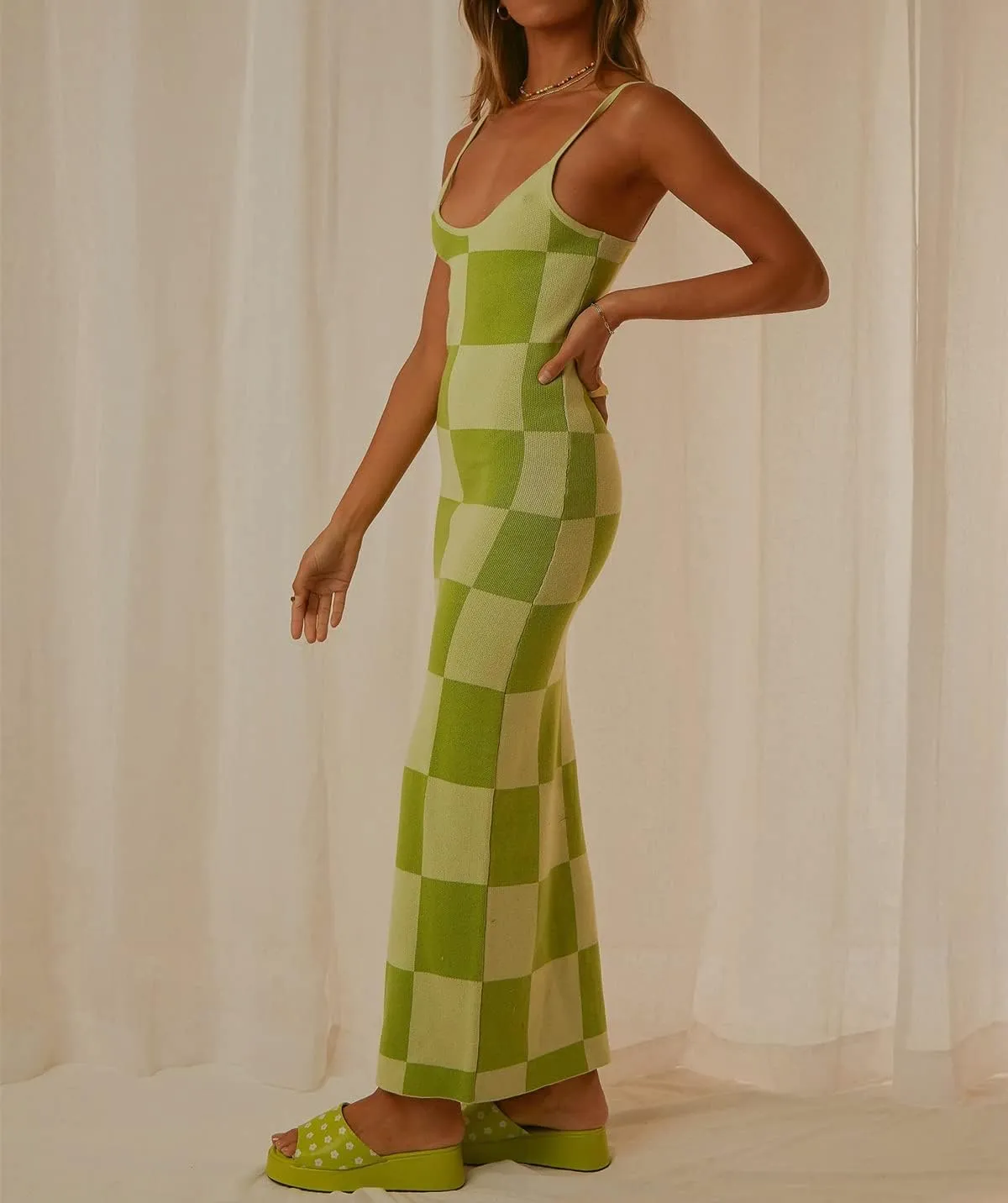 Bodycon Dresses for Women Summer Knit Hollow Out Sexy Night Out Midi Maxi Dress Sleeveless Long Cut Out Dress