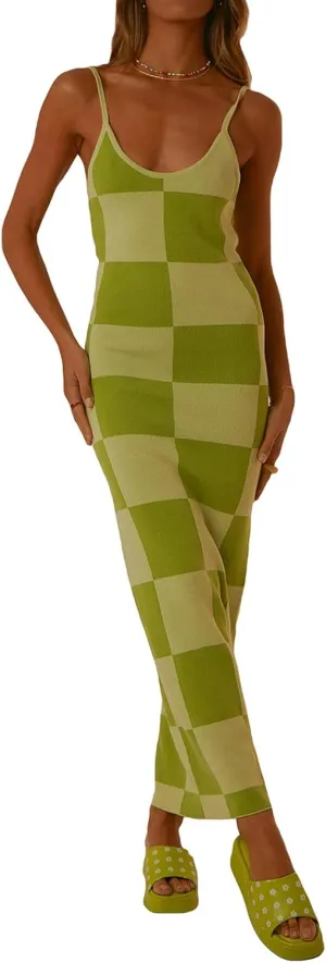 Bodycon Dresses for Women Summer Knit Hollow Out Sexy Night Out Midi Maxi Dress Sleeveless Long Cut Out Dress