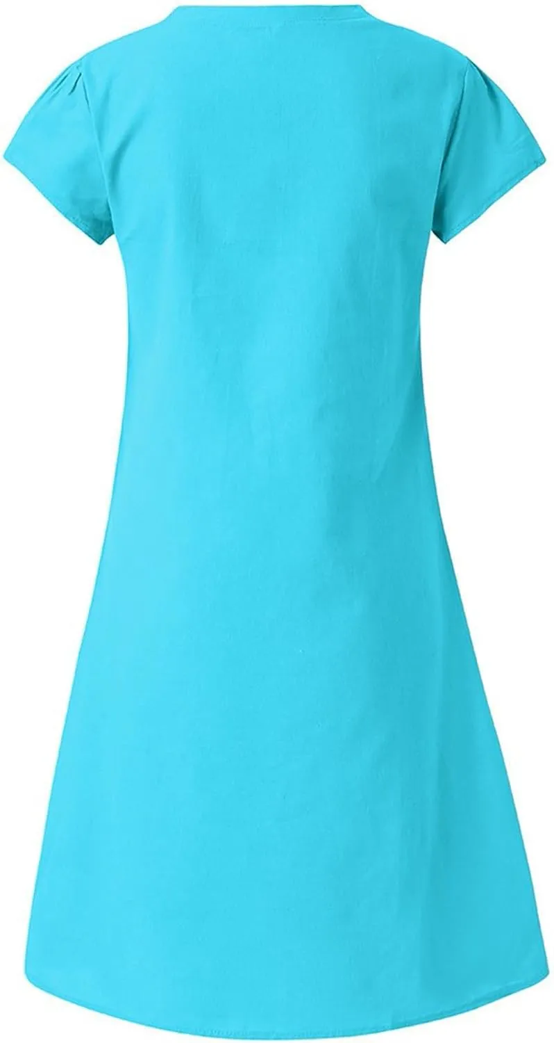 Boho Dresses for Women 2025 Cotton Linen Tshirt Dress Summer Casual Short Sleeve V Neck Midi Beach Dress Plus Size