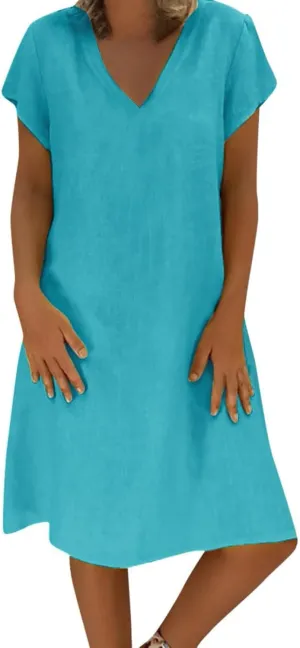 Boho Dresses for Women 2025 Cotton Linen Tshirt Dress Summer Casual Short Sleeve V Neck Midi Beach Dress Plus Size